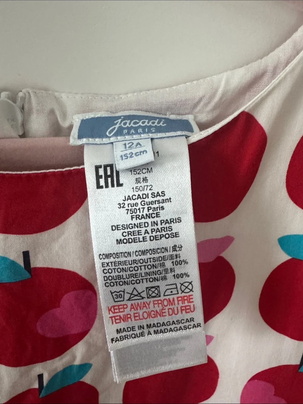 Jacadi White Dress with Red Apple Print